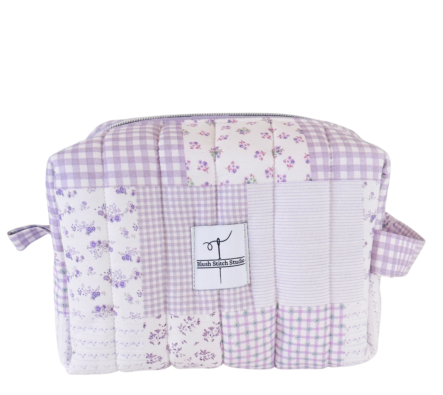 lilac purple quilted patchwork makeup bag