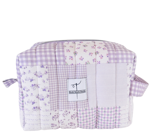lilac purple quilted patchwork makeup bag
