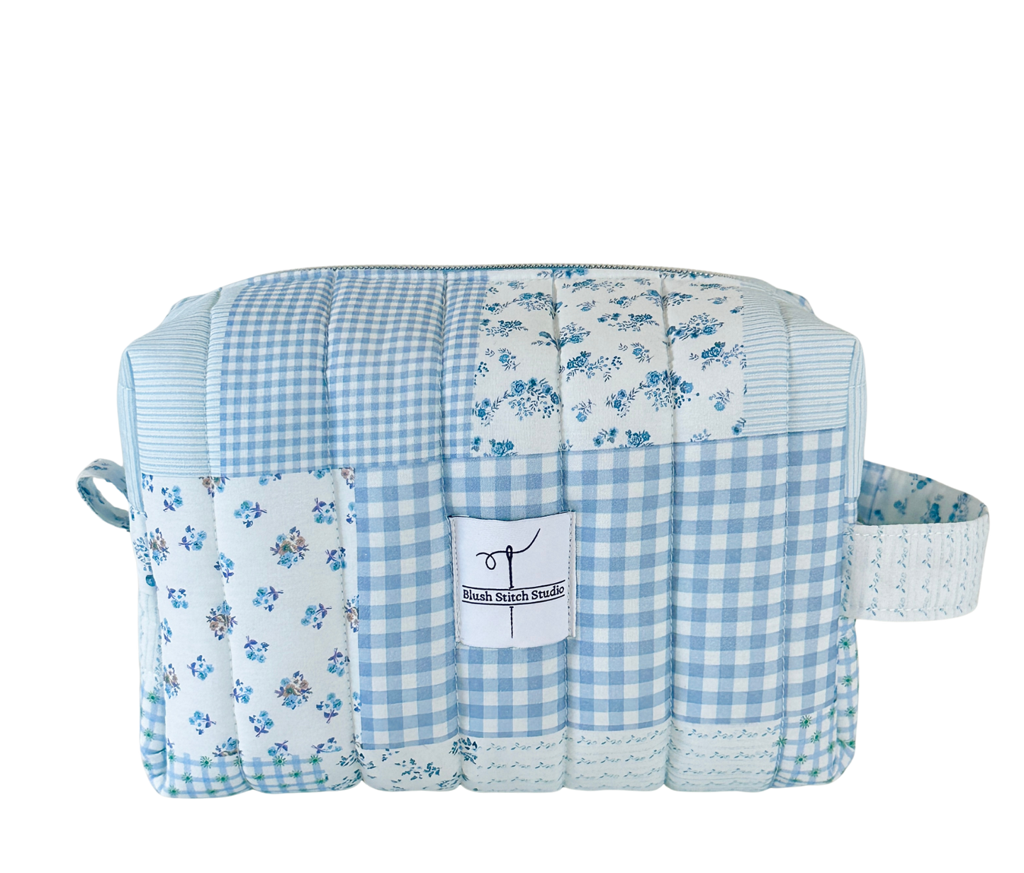 blue patchwork quilted makeup bag cosmetic pouch. made in canada. 