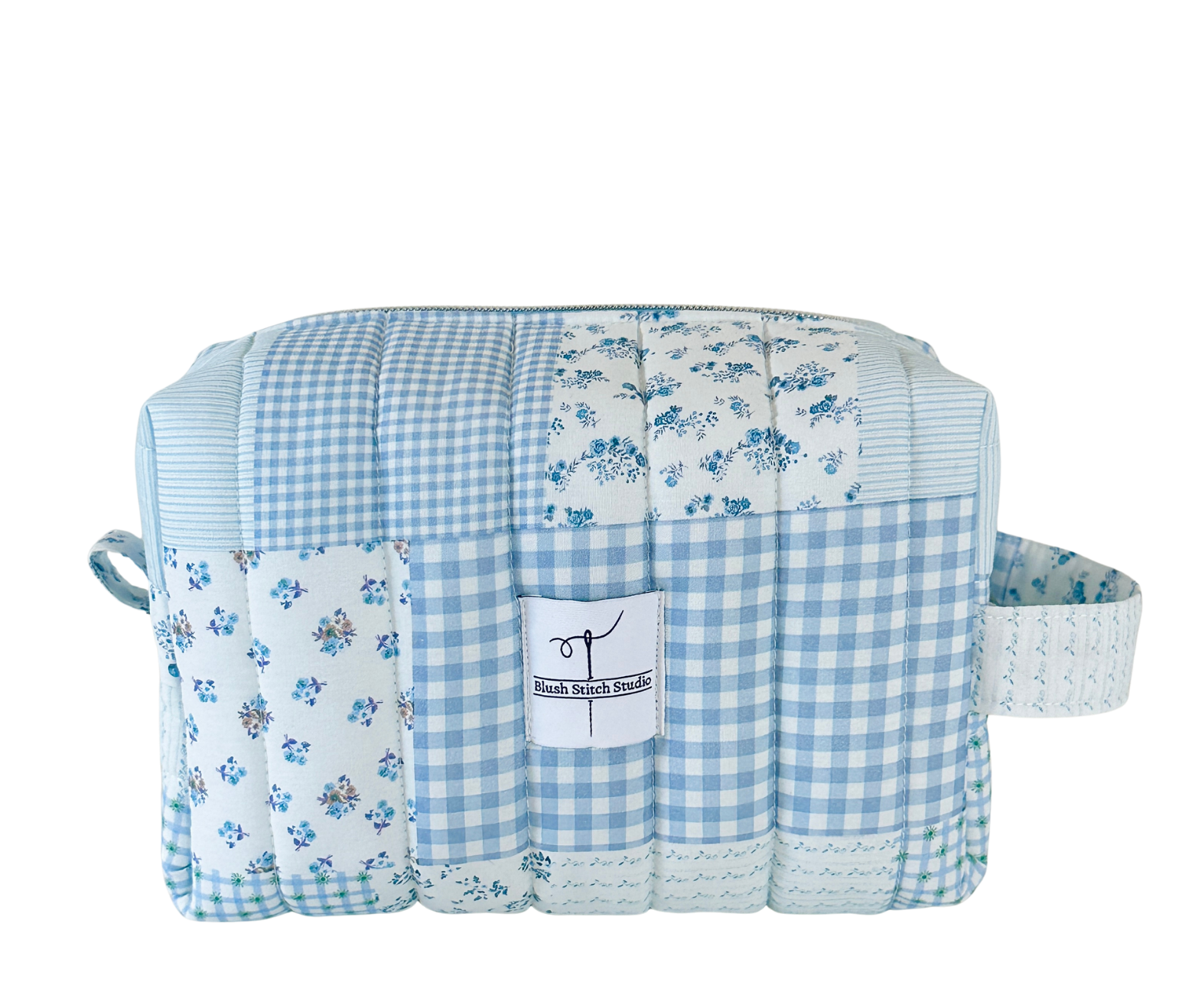 blue patchwork quilted makeup bag cosmetic pouch. made in canada. 