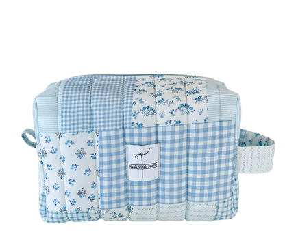 blue patchwork quilted makeup bag cosmetic pouch. made in canada. 