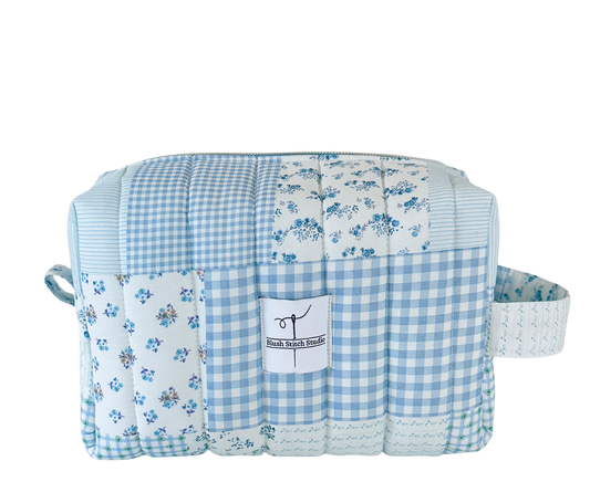 blue patchwork quilted makeup bag cosmetic pouch. made in canada. 