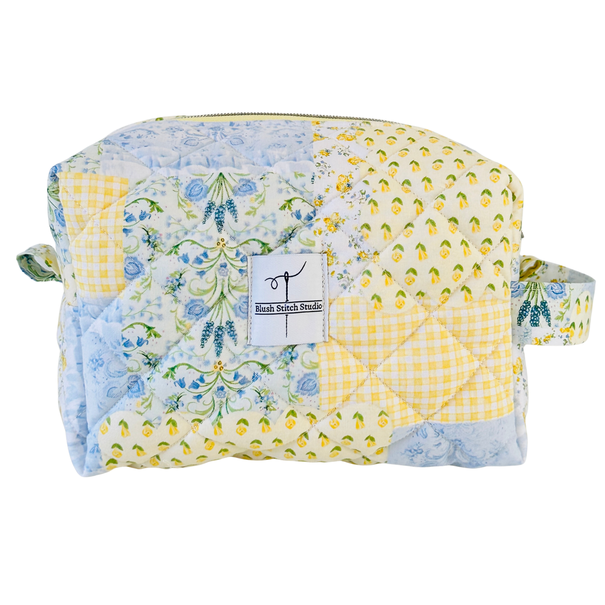 Yellow and Blue Patchwork Quilted Makeup Cosmetic Bag. Made in Canada
