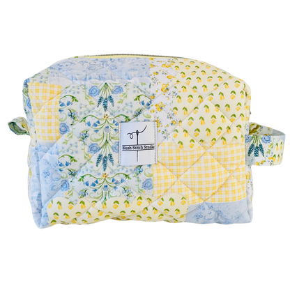 Yellow and Blue Patchwork Quilted Makeup Cosmetic Bag. Made in Canada