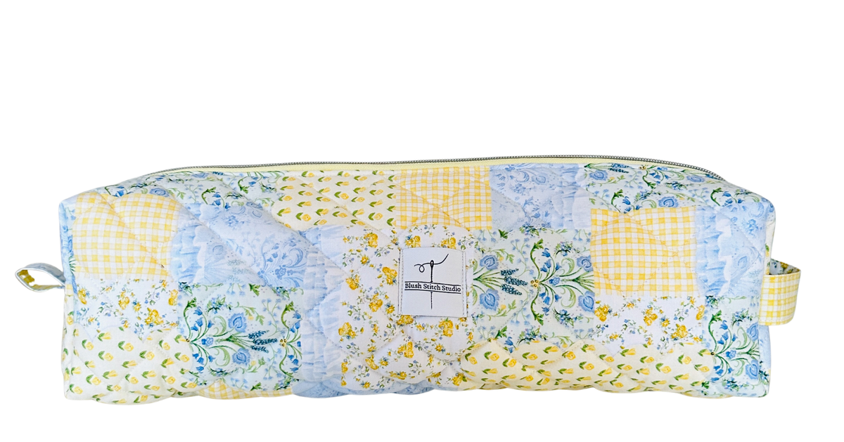 yellow patchwork quilted hair tool bag. made in canada