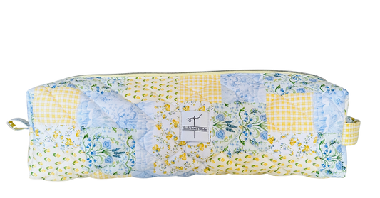 yellow patchwork quilted hair tool bag. made in canada