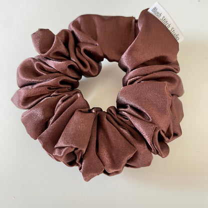 Brown Satin Scrunchie, Neutral Dark Brown Bridal Satin Hair Scrunchie, shiny hair tie