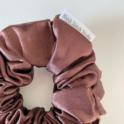 Brown Satin Scrunchie, Neutral Dark Brown Bridal Satin Hair Scrunchie, shiny hair tie