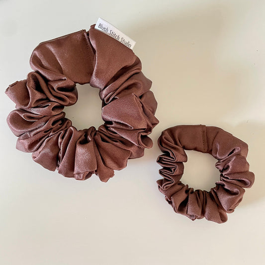 Brown Satin Scrunchie, Neutral Dark Brown Bridal Satin Hair Scrunchie, shiny hair tie