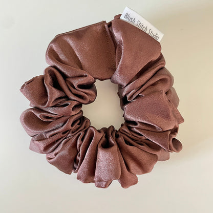 Brown Satin Scrunchie, Neutral Dark Brown Bridal Satin Hair Scrunchie, shiny hair tie