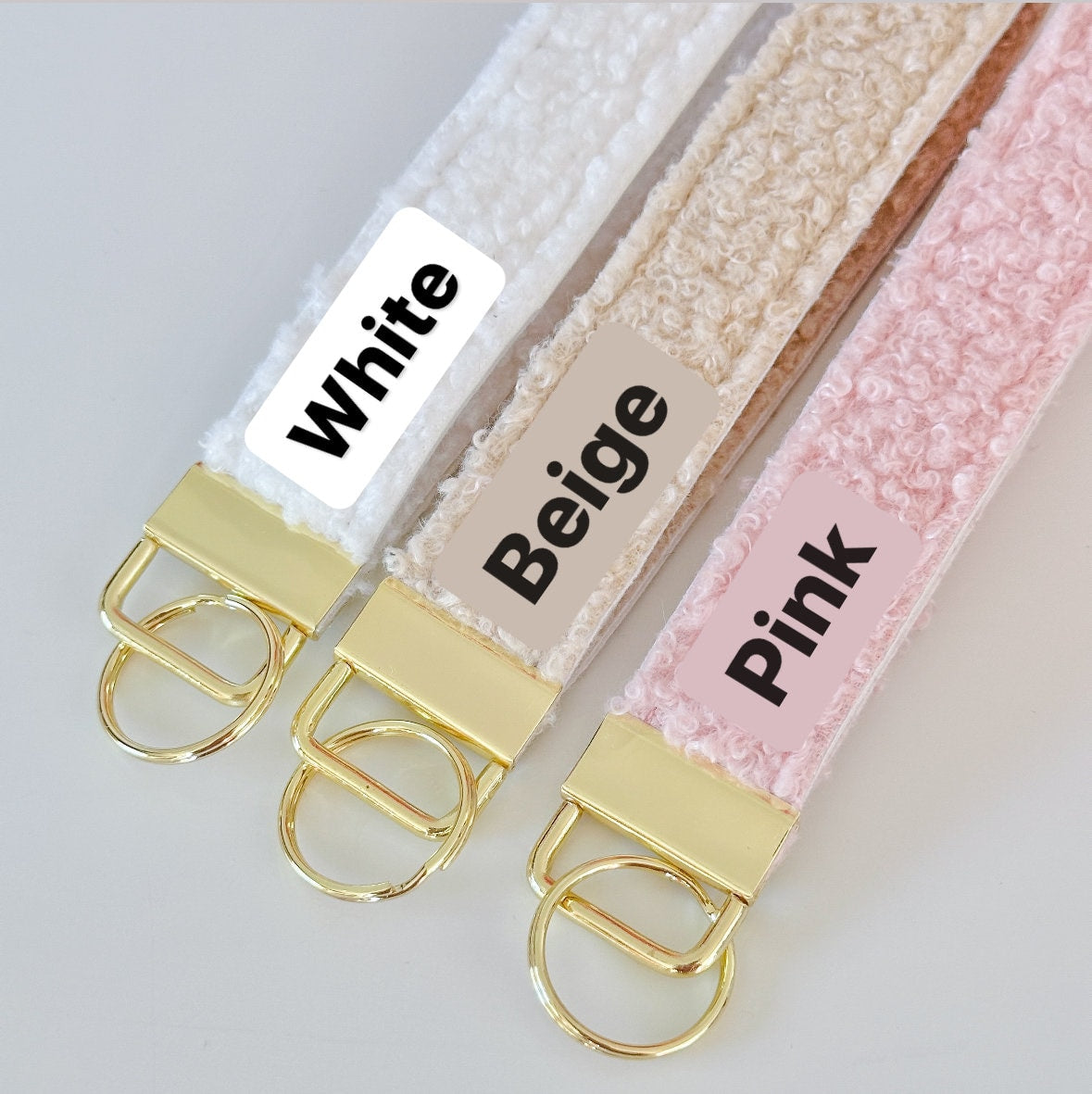 Sherpa Fleece Key Wristlet | Pink Beige Gold Teddy Wrist Lanyard | Key Fob Holder | wristlet key chain