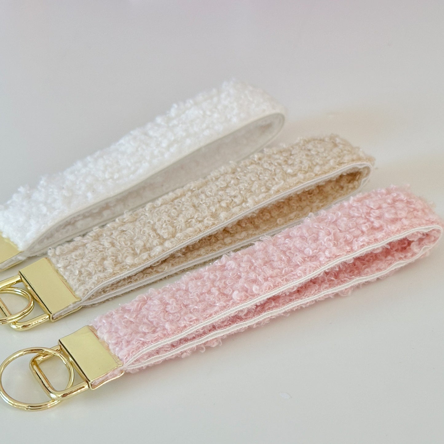Sherpa Fleece Key Wristlet | Pink Beige Gold Teddy Wrist Lanyard | Key Fob Holder | wristlet key chain