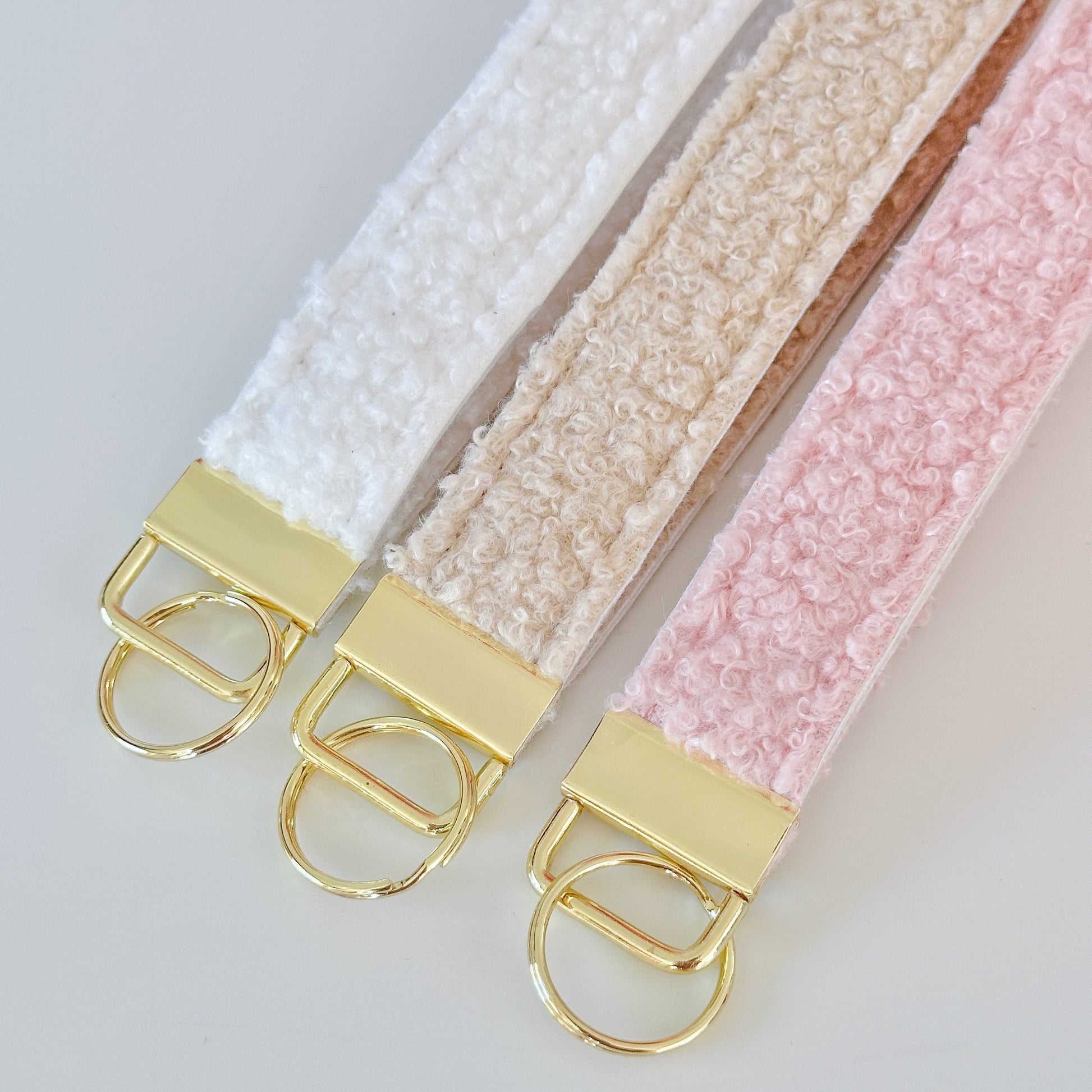 Sherpa Fleece Key Wristlet | Pink Beige Gold Teddy Wrist Lanyard | Key Fob Holder | wristlet key chain
