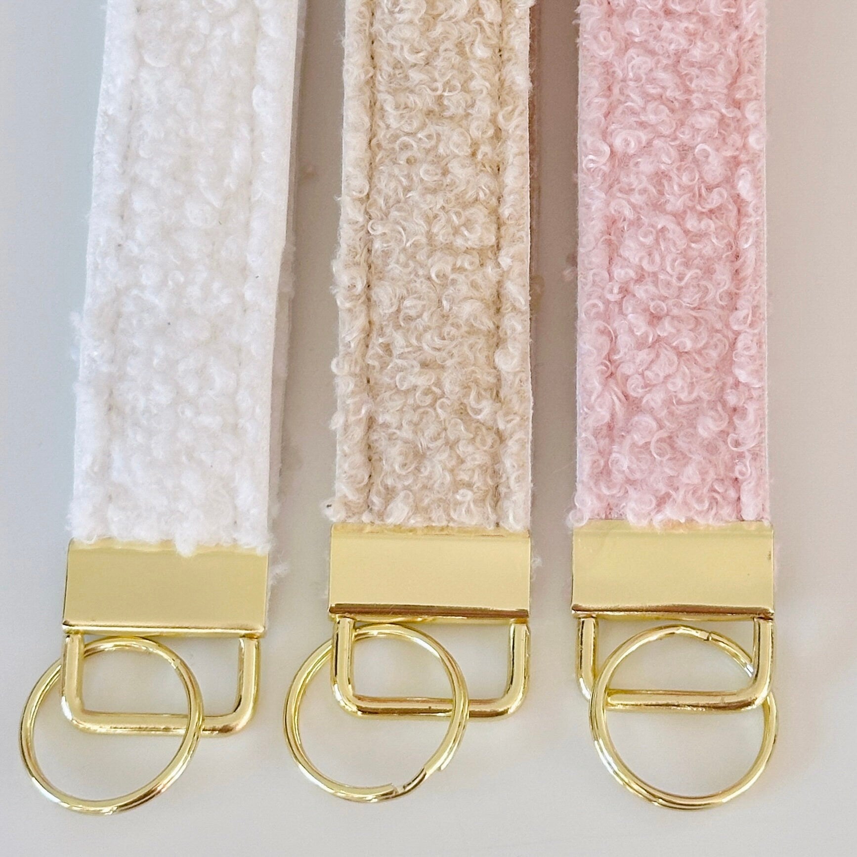 Sherpa Fleece Key Wristlet | Pink Beige Gold Teddy Wrist Lanyard | Key Fob Holder | wristlet key chain