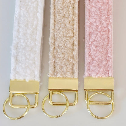 Sherpa Fleece Key Wristlet | Pink Beige Gold Teddy Wrist Lanyard | Key Fob Holder | wristlet key chain