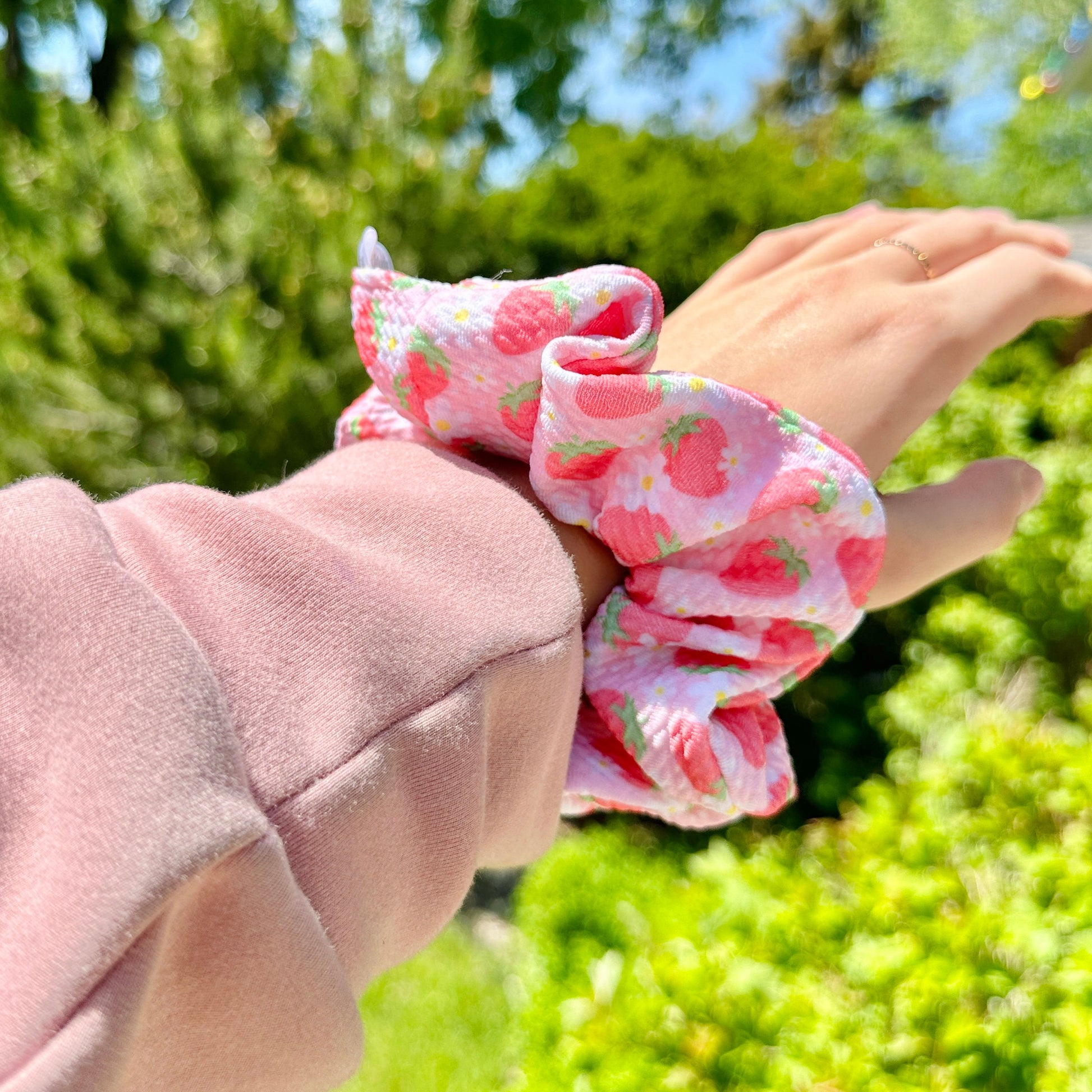 Strawberry Scrunchie Light Pink | Floral Strawberry Hair Tie | Summer Fruit Collection