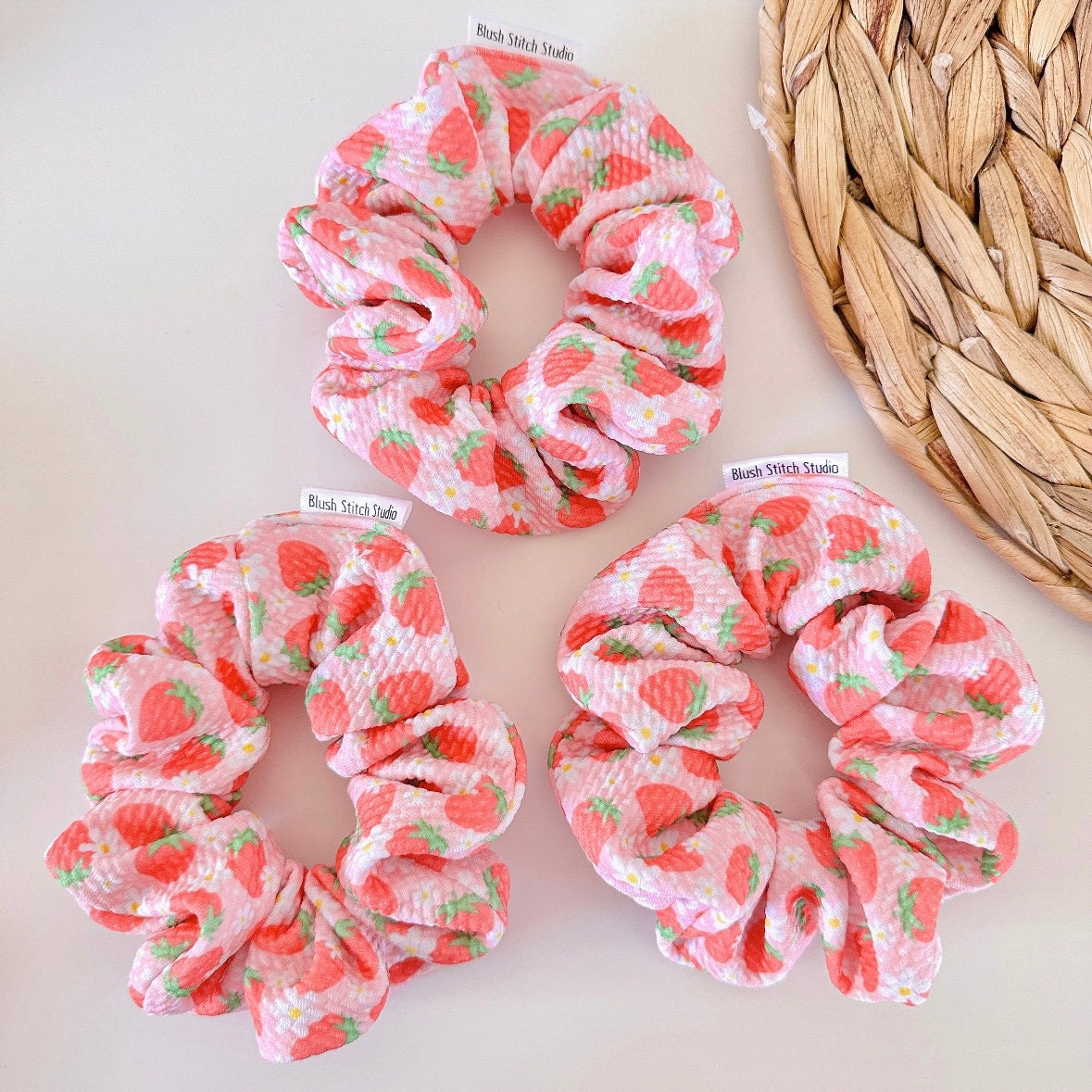 Strawberry Scrunchie Light Pink | Floral Strawberry Hair Tie | Summer Fruit Collection