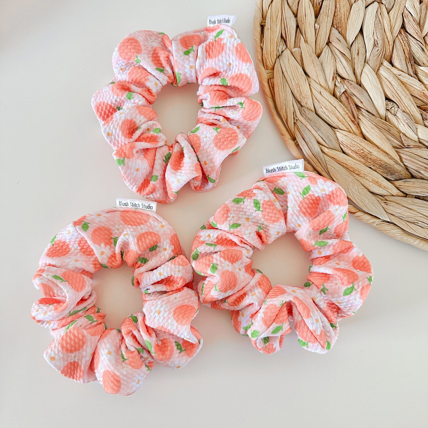 Peach Fruit Scrunchie | Floral Peach Hair Tie | Summer Fruit Collection