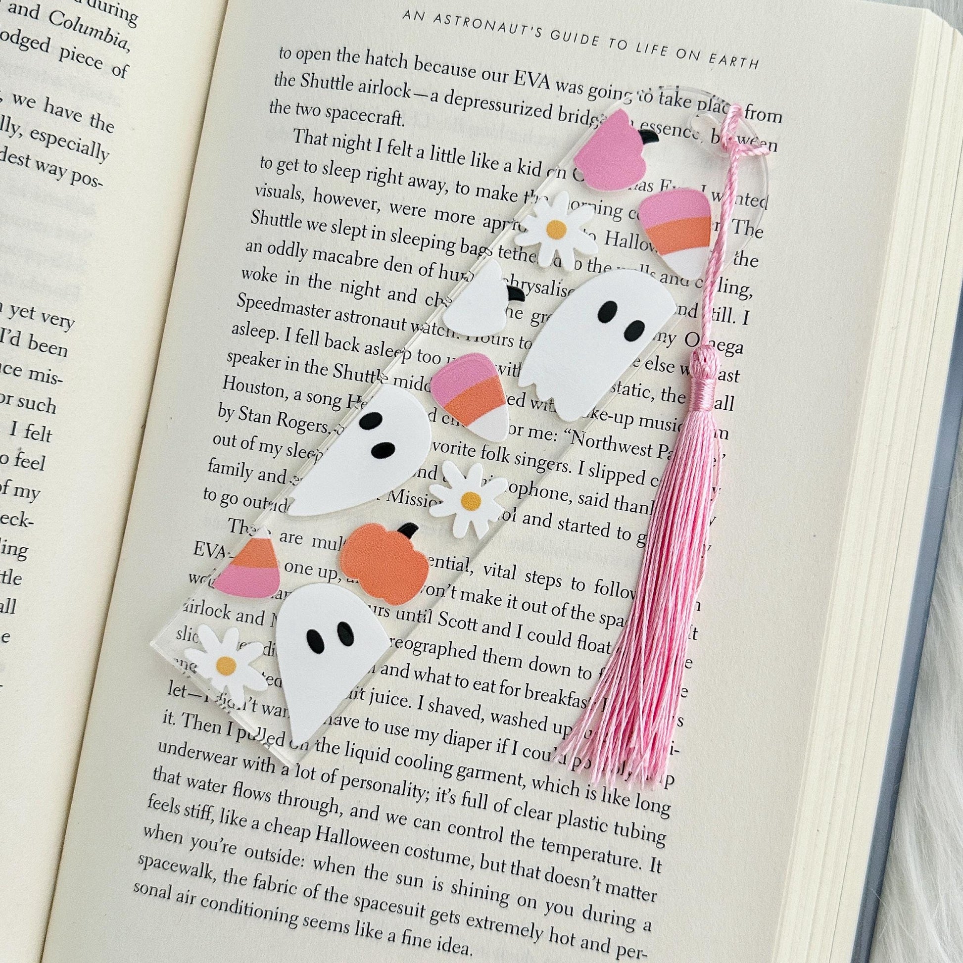 Halloween Ghost Bookmark | Spooky Clear Acrylic Bookmark | Witch Ghost | Candy Corn and Daisy Floral Reading Ghost