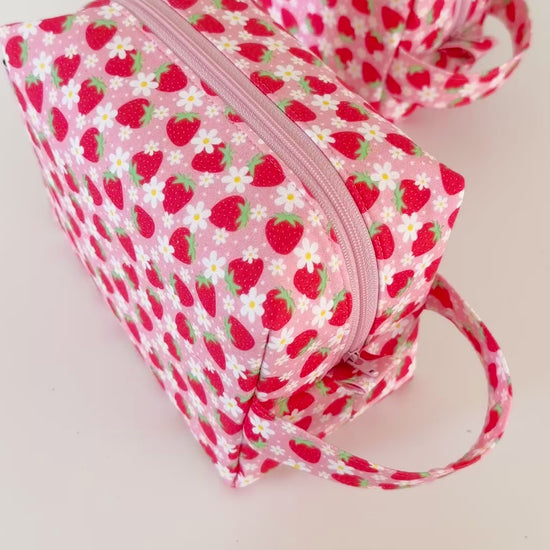 pink strawberry daisy floral patterned cotton makeup cosmetic bags 