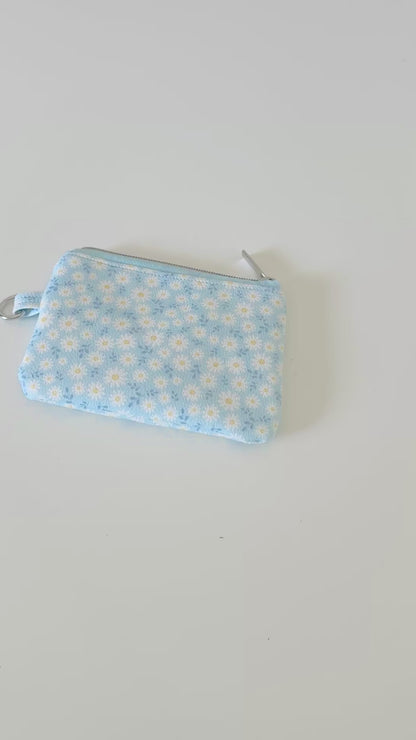 blue daisy Floral-patterned coin purse  with coins and cards on a light background