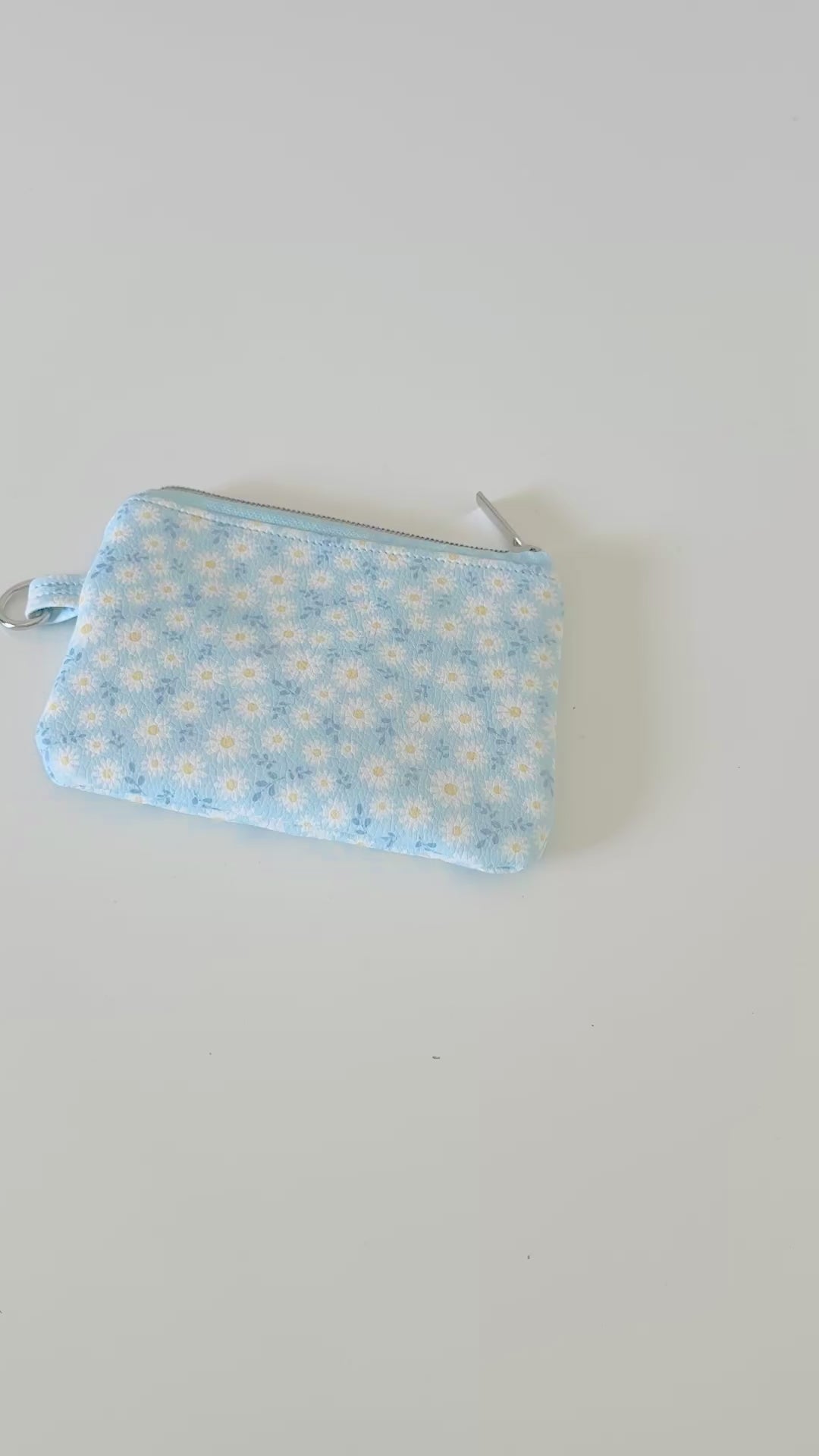 blue daisy Floral-patterned coin purse  with coins and cards on a light background