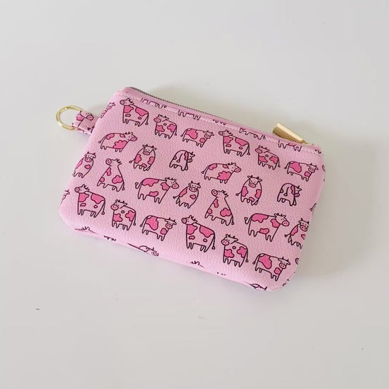 pink cow coin purse made from vegan leather