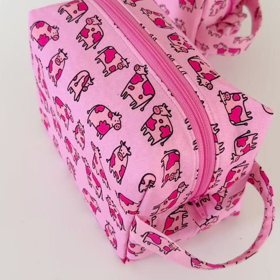 pink cow patterned cotton makeup cosmetic bags 