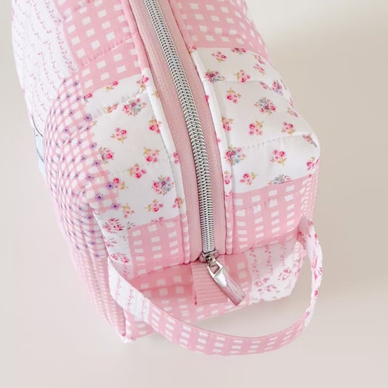 pink patchwork quilted makeup bag. made in canada