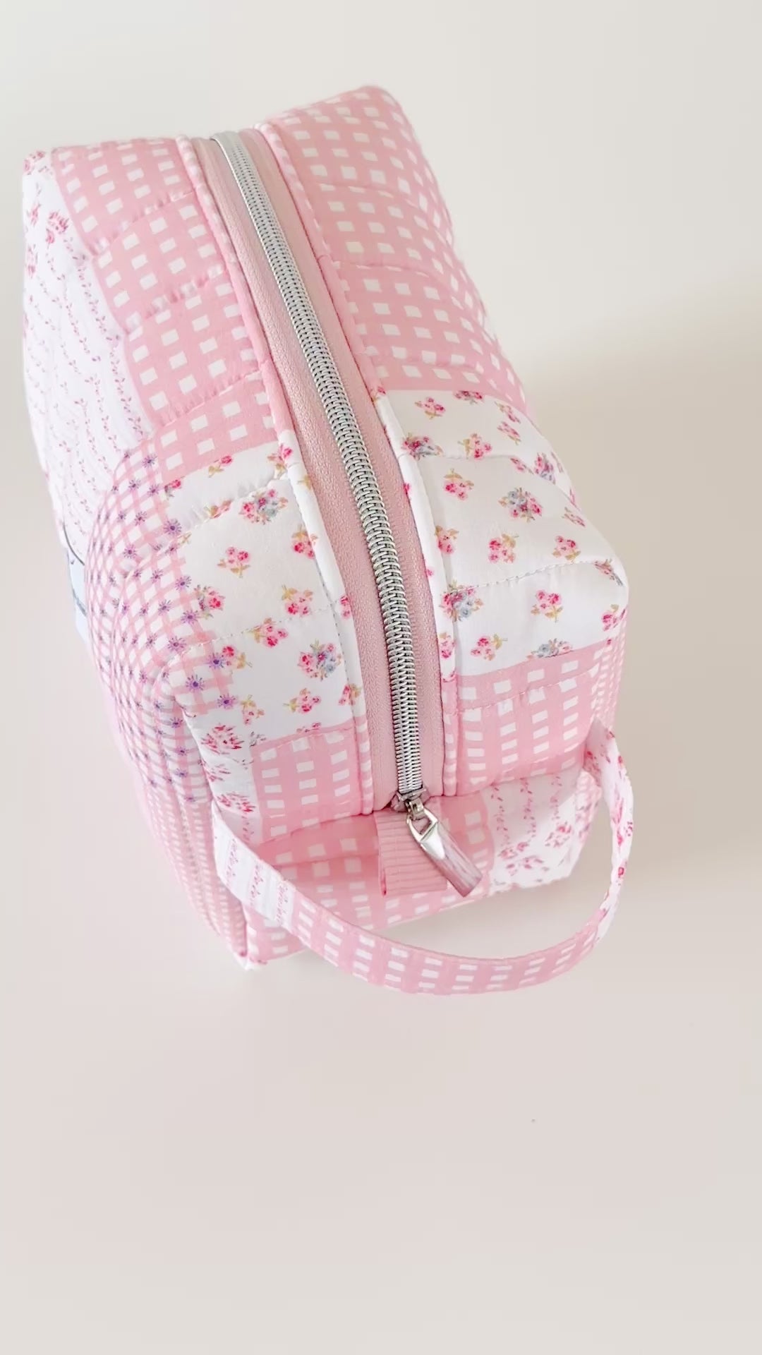 pink patchwork quilted makeup bag. made in canada