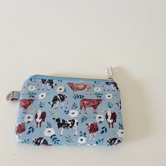 blue floral cow vegan leather coin purse