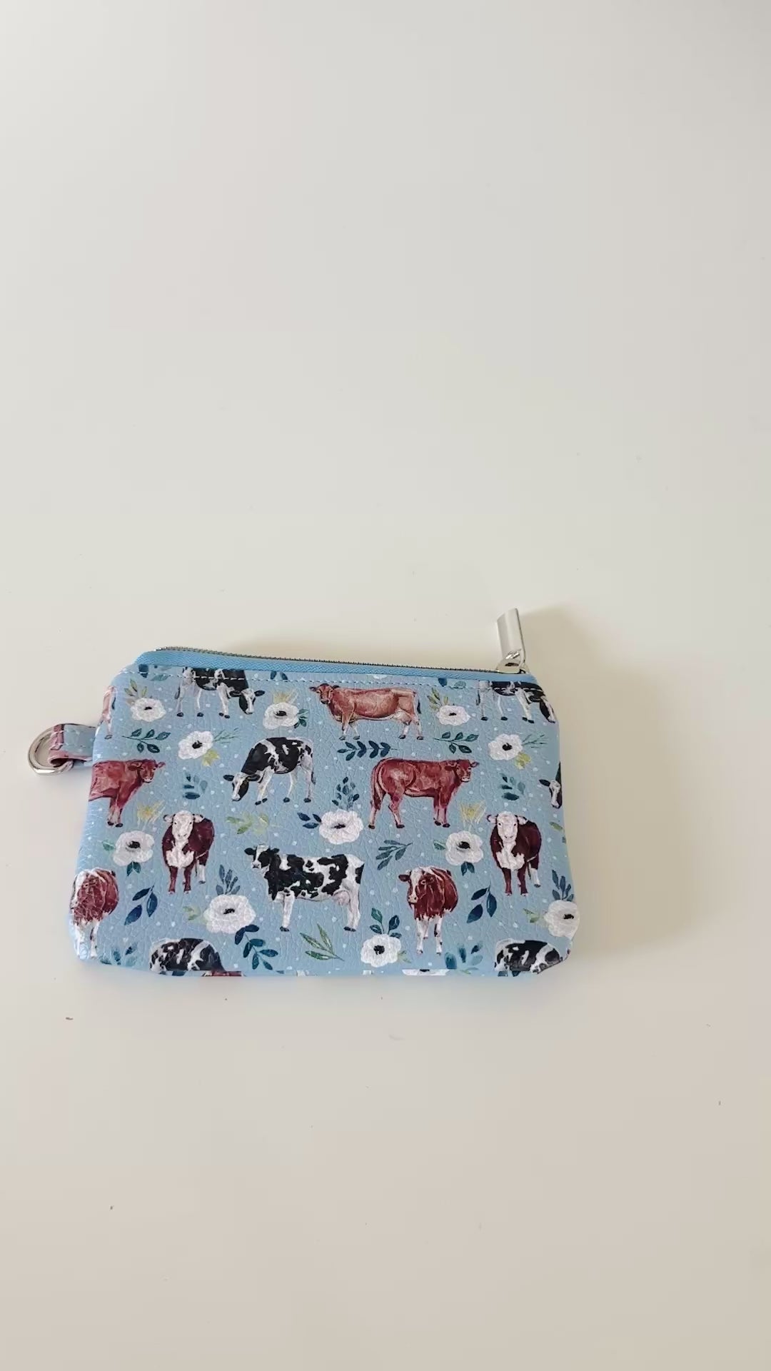 blue floral cow vegan leather coin purse