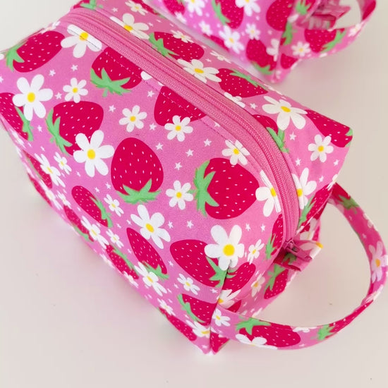 pink strawberry floral patterned cotton makeup cosmetic bags 