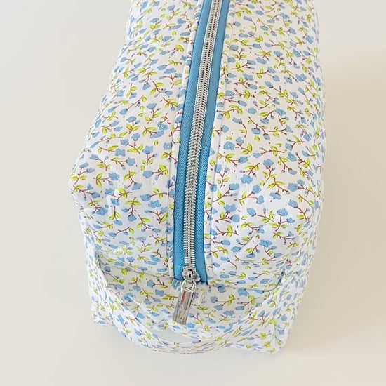 blue quilted makeup bag. handmade in canada. 