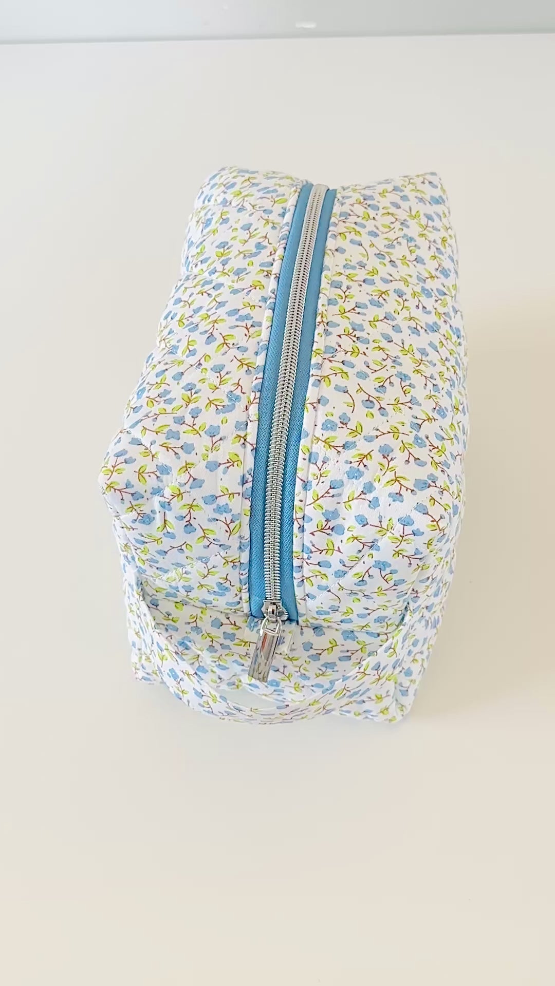 blue quilted makeup bag. handmade in canada. 