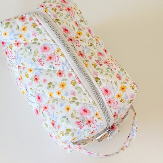white floral quilted makeup cosmetic bag. made in canada