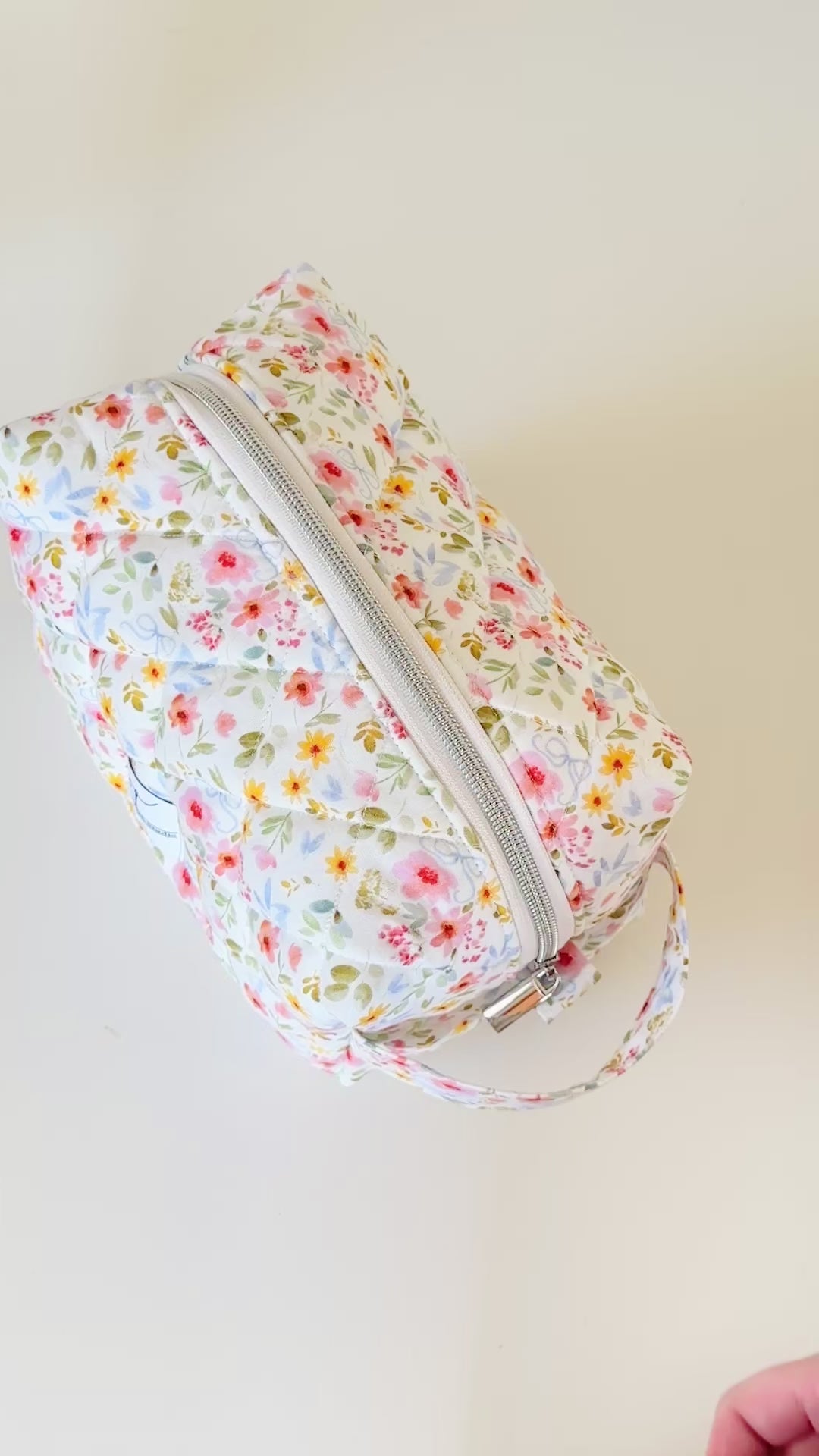 white floral quilted makeup cosmetic bag. made in canada