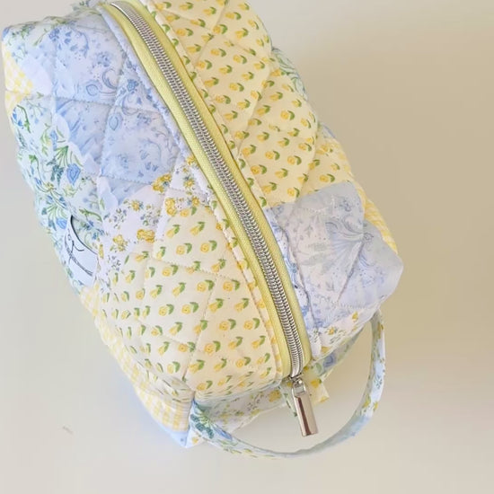 Yellow and Blue Patchwork Quilted Makeup Cosmetic Bag. Made in Canada