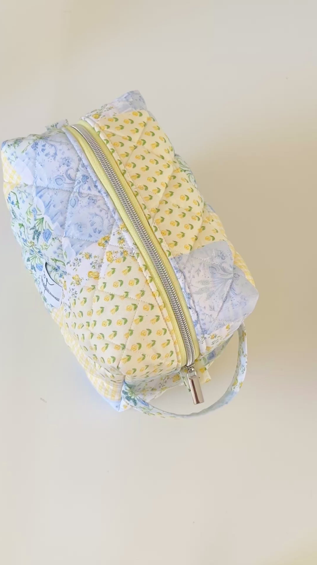 Yellow and Blue Patchwork Quilted Makeup Cosmetic Bag. Made in Canada