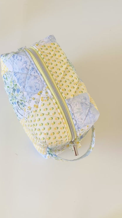 Yellow and Blue Patchwork Quilted Makeup Cosmetic Bag. Made in Canada
