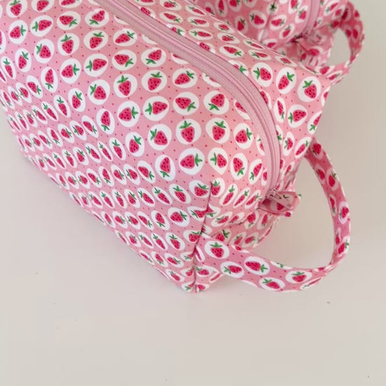 pink strawberry patterned cotton makeup cosmetic bags 