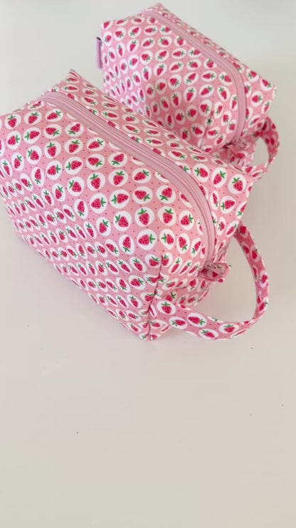 pink strawberry patterned cotton makeup cosmetic bags 