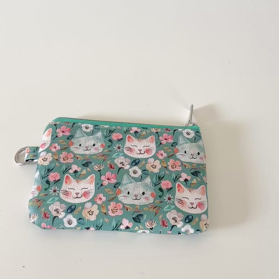 coin purse with cat and floral pattern on a white background