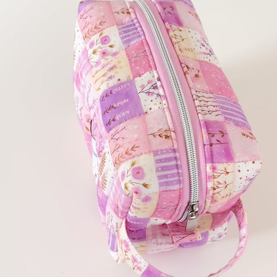 pink quilted patchwork makeup bag. made in canada. 