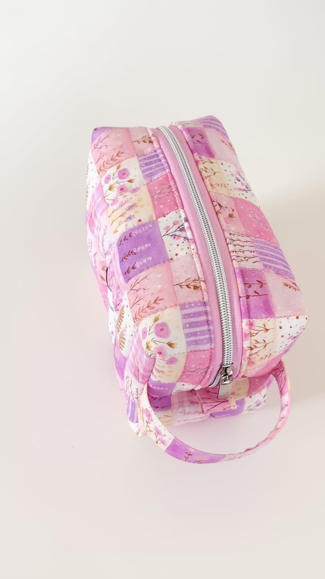 pink quilted patchwork makeup bag. made in canada. 