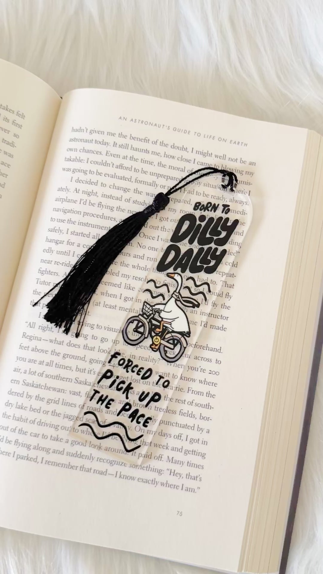 silly goose dilly dally Bookmark with tassel on an open book