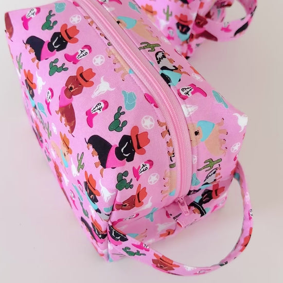 pink western dog  patterned cotton makeup cosmetic bags 
