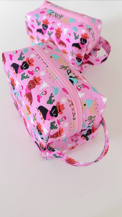 pink western dog  patterned cotton makeup cosmetic bags 