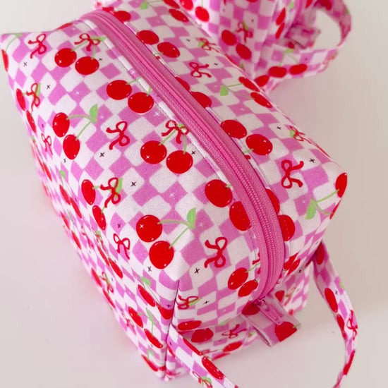 pink cherry checkerboard patterned cotton makeup cosmetic bag
