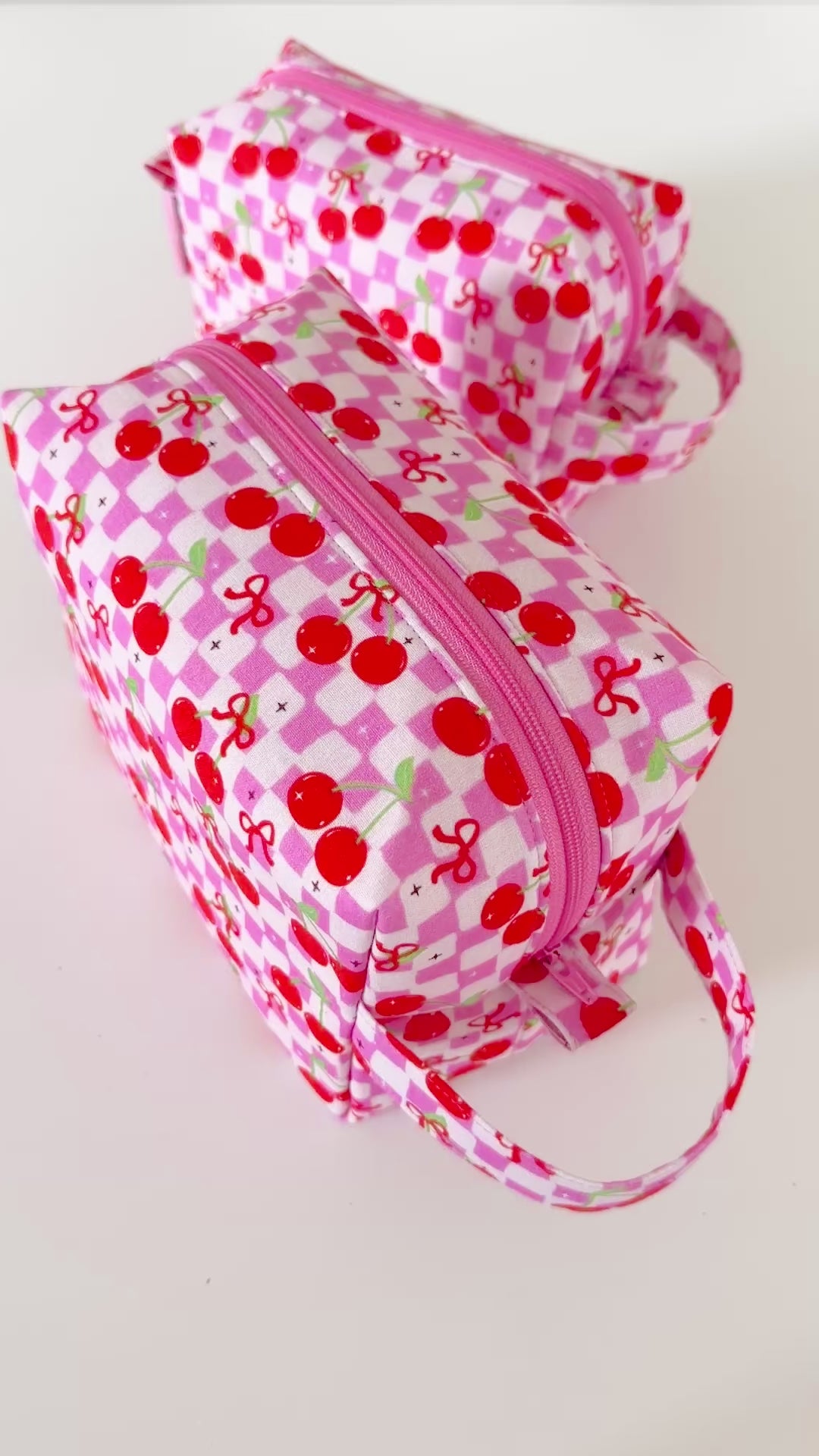 pink cherry checkerboard patterned cotton makeup cosmetic bag